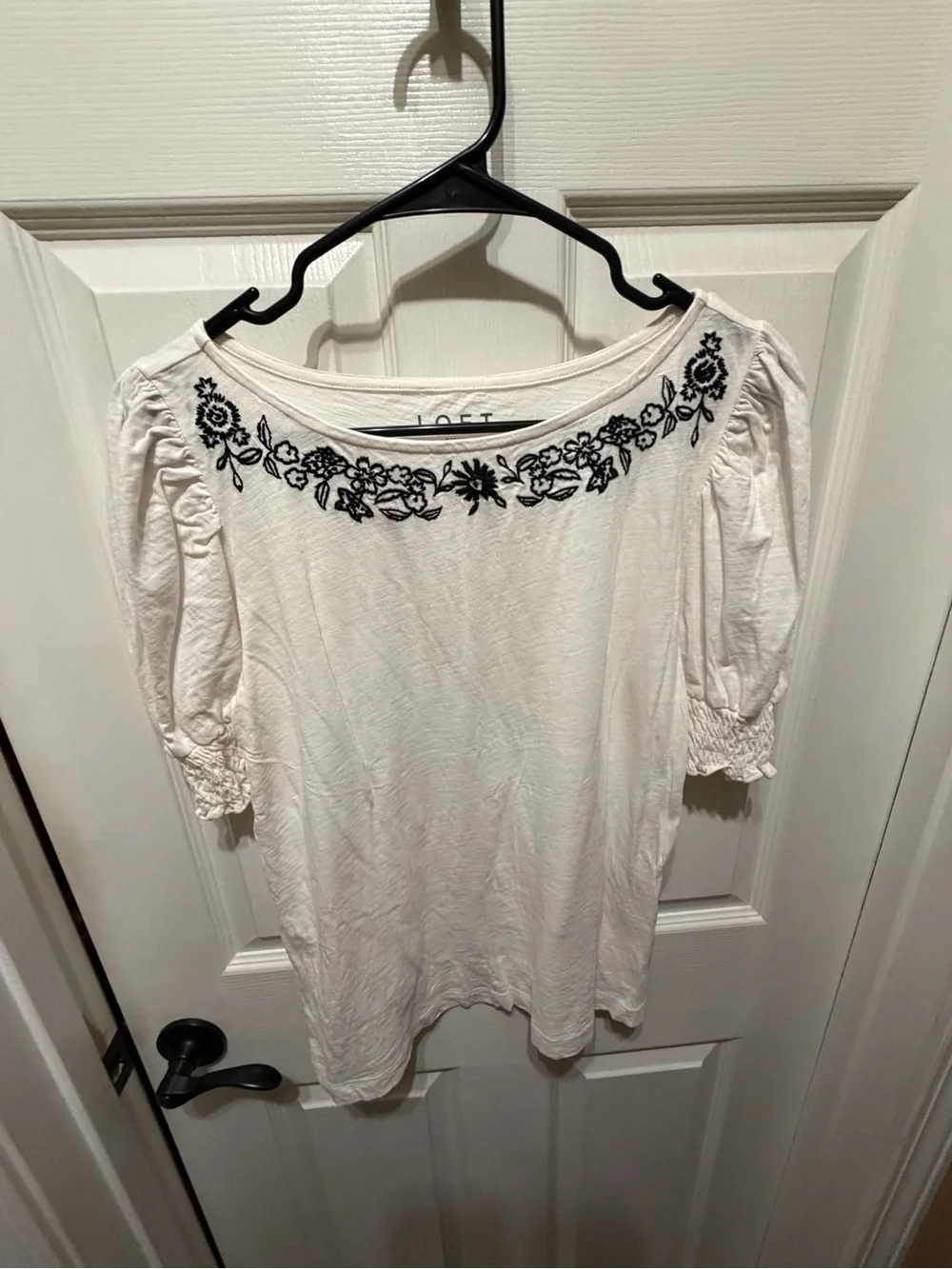 LOFT White Scoop Neck Top with Navy Floral Embroidery
